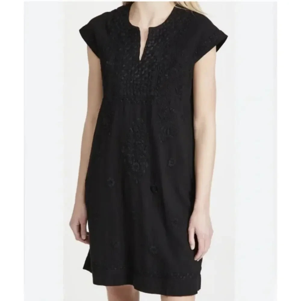 Roller Rabbit Faith Embroidered Dress Black Split Neck Boho Shift Tunic Sz S